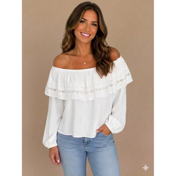 White House Black Market Tops - White House Black Market Boho Chic Ruffle Collar Top Size Small